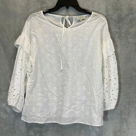 STATUS BY CHENAULT Women's White Eyelet Round Neck 3/4 Puff Sleeve Top SZ M - Picture 1 of 9